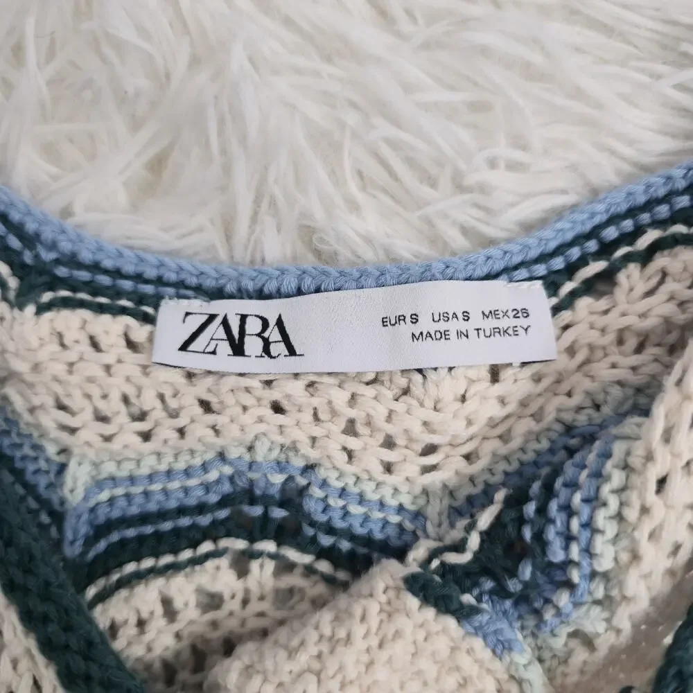 Zara Boho Blue And Cream Striped Crochet Knit Button Up Crop Top